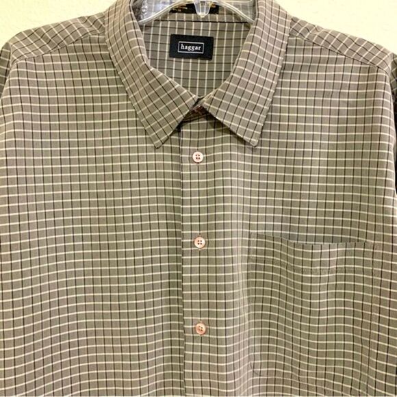 HAGGAR DRESS SHIRT MEN’S XXL TAN BROWN LONG SLEEVE BUTTON UP POCKET. - Picture 3 of 12